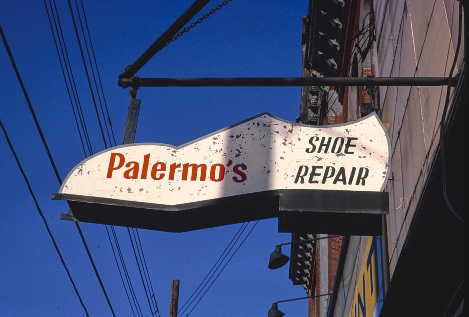 Palermo's Shoe Repair sign on Butler Street, Pittsburgh, Pennsylvania, 1989.