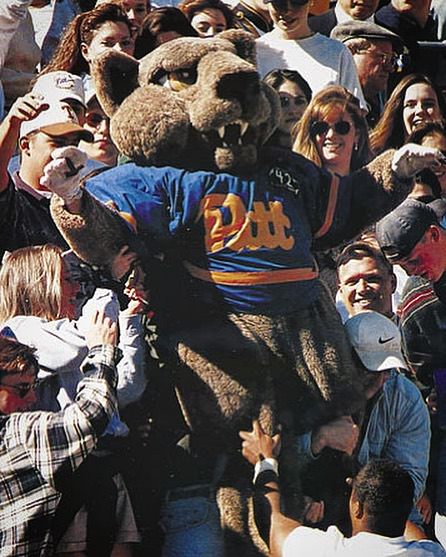 Roc the Panther hyping up the student section at Pitt Stadium in 1995.
