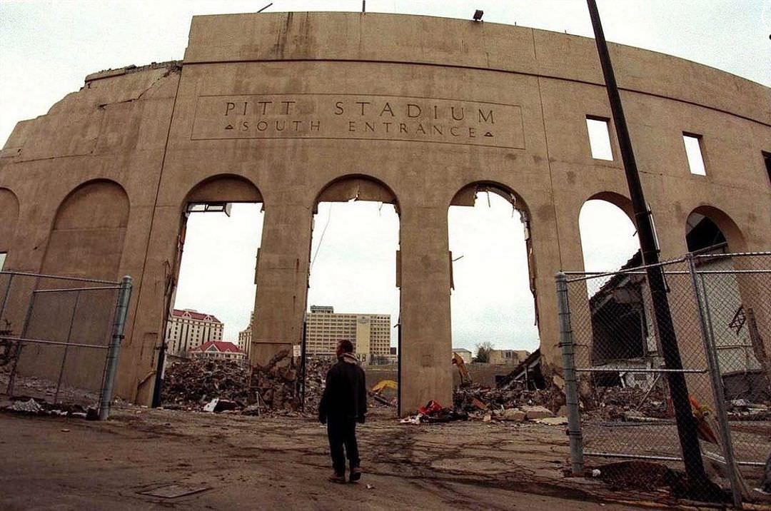 Pitt Stadium being demolished in 1999.