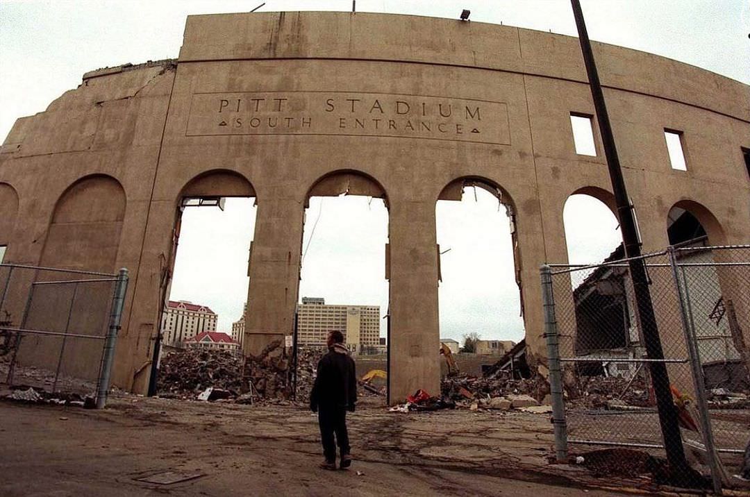 Pitt Stadium being demolished in 1999.