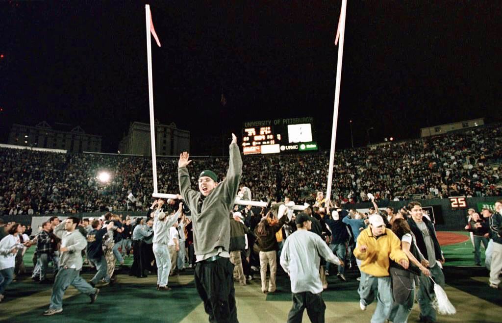 Students storming the field after the last game at Pitt Stadium on November 13, 1999.