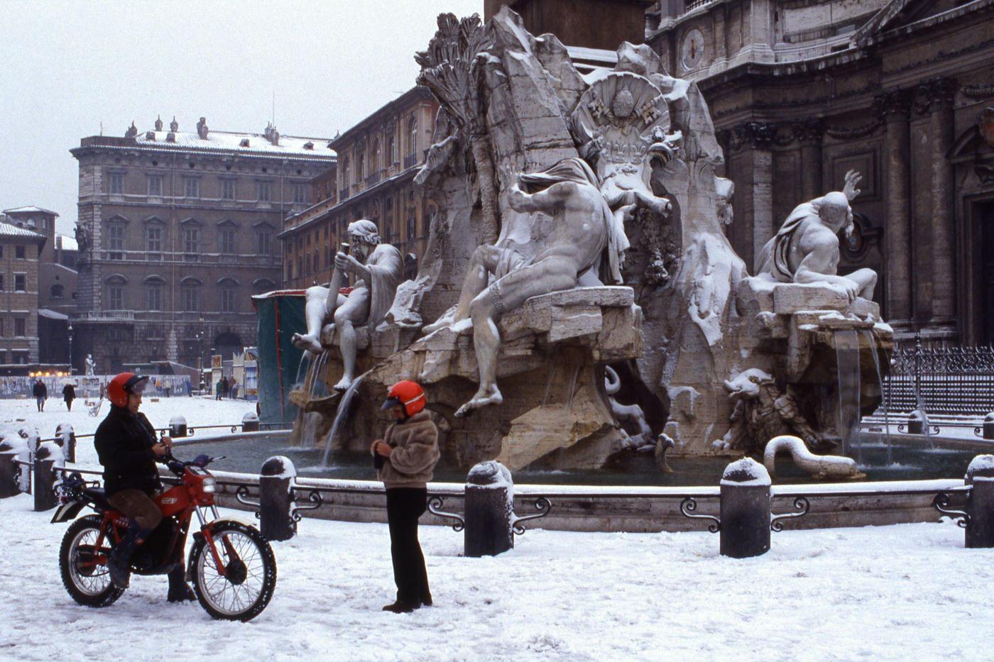 Bernini's Fountain of the Four Rivers in Snow, Rome, 1985