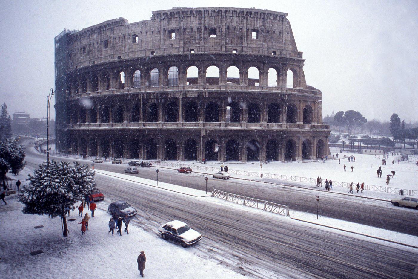 Snow-Covered Colosseum in Rome, 1985