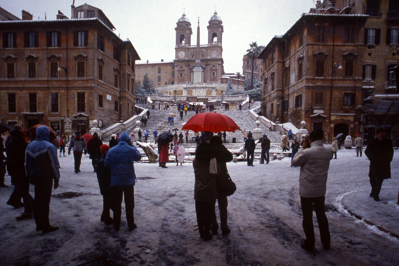 Snowy Spanish Steps and Piazza di Spagna in Rome, 1985