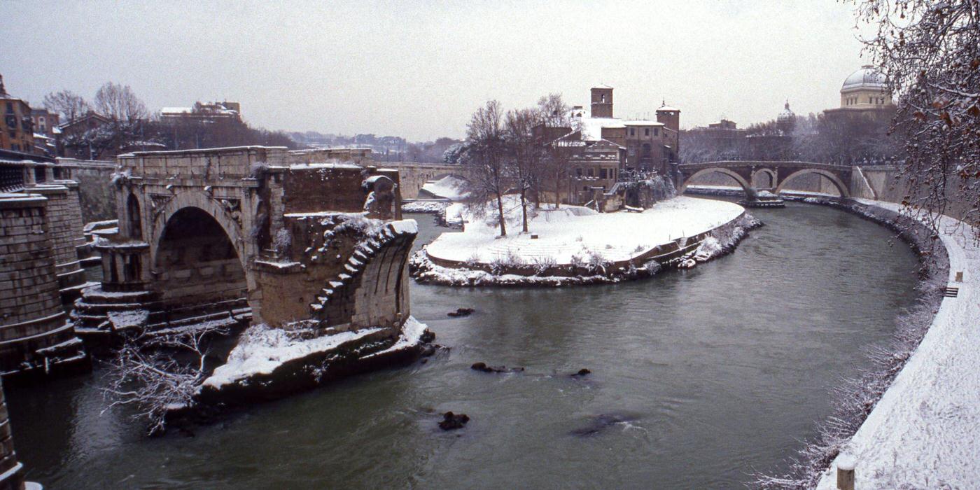 Snow-Covered Tiber River and Isola Tiberina in Rome, 1985
