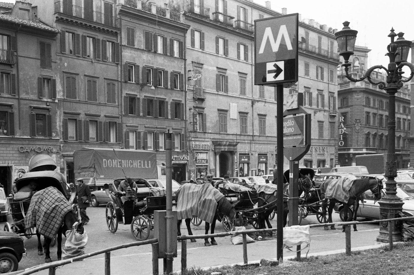 Horse-Drawn Carriages Near Rome Metro Entrance, 1980