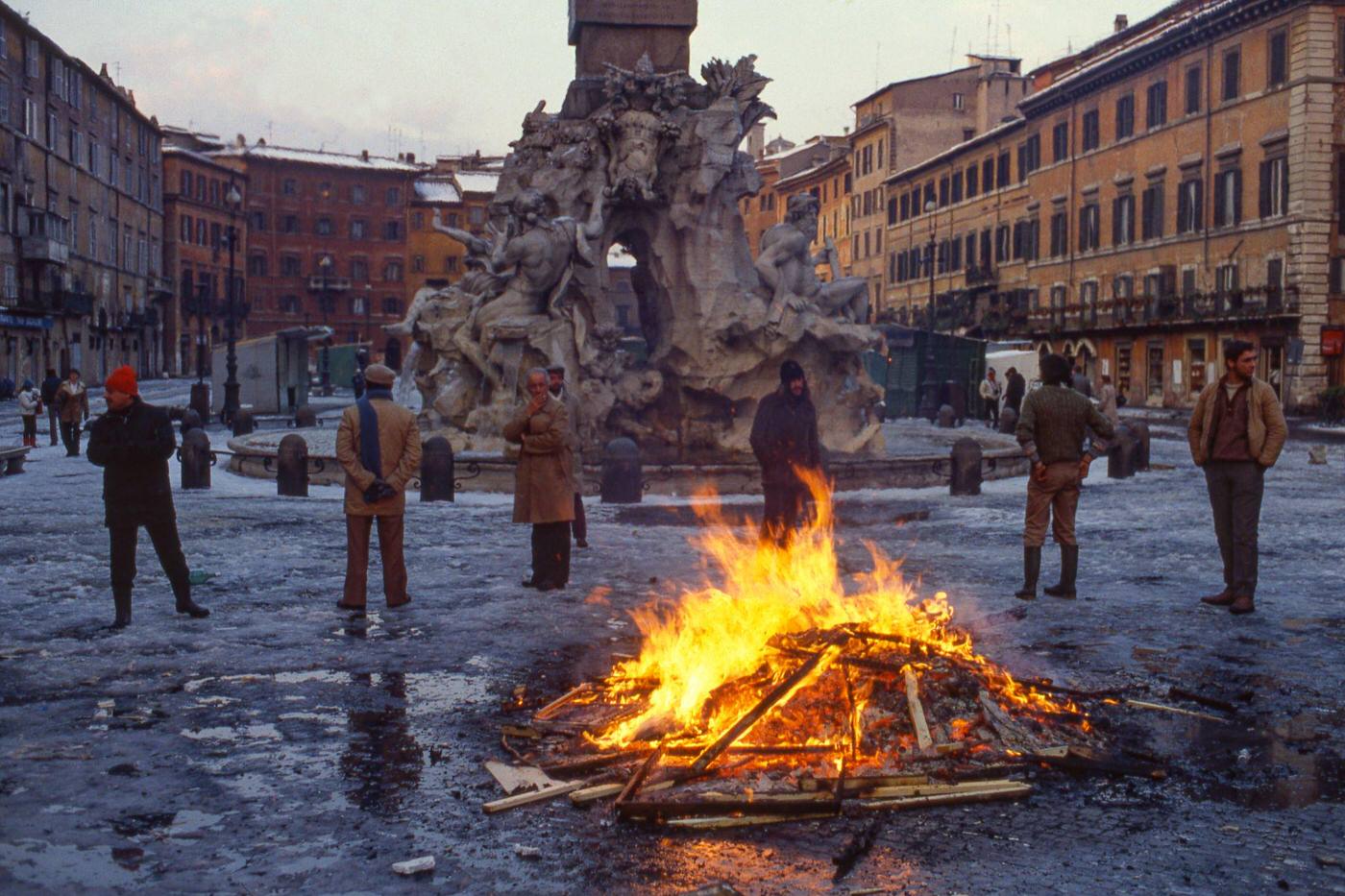 Bonfire After Christmas Market in Piazza Navona, Rome, 1985
