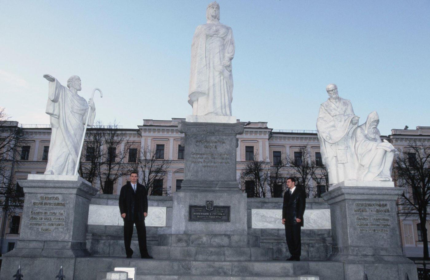 The Klitschko Brothers Pose Next to Olga of Kiev Monument in Kyiv, 1998