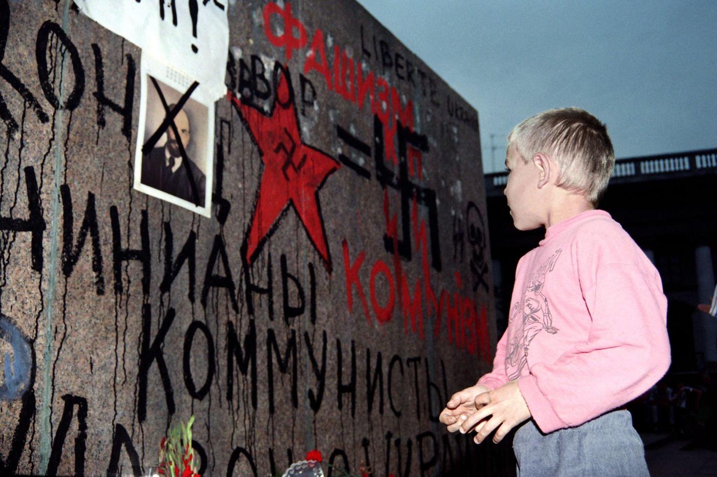Young Boy on Lenin Monument Covered With Graffiti in Kiev, 1991