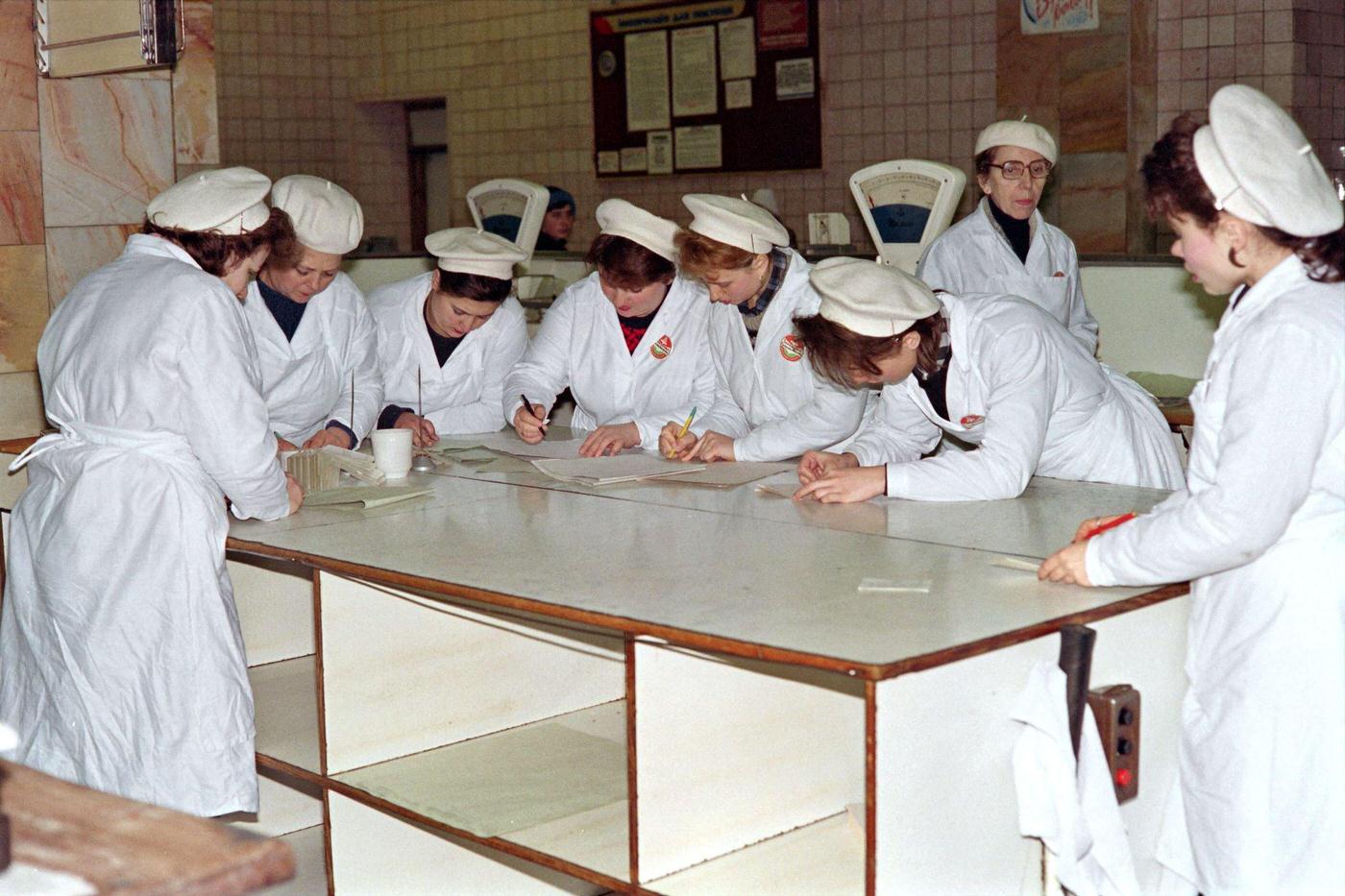 Supermarket Workers in Kiev Update Price Tags During Economic Changes, 1992