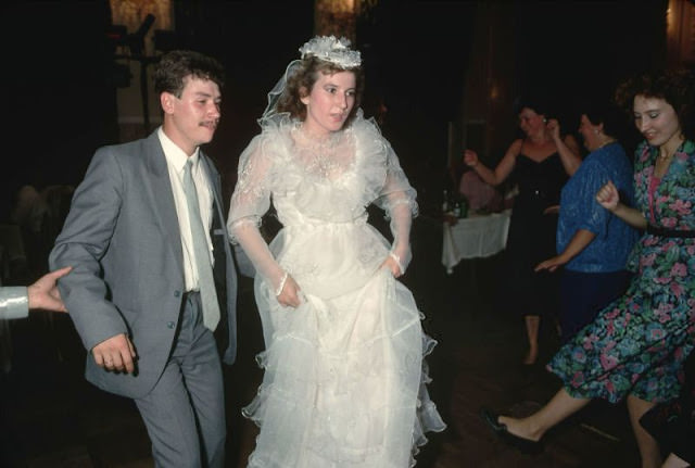 Bride and groom at the wedding reception in Lviv, Ukraine, 1991