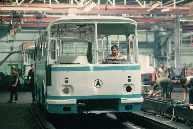 Lviv Bus Plant (Lvivsky Avtobusny Zavod, or LAZ), the Ukraine's only bus manufacturer and the largest factory in Lviv, Ukraine, 1991