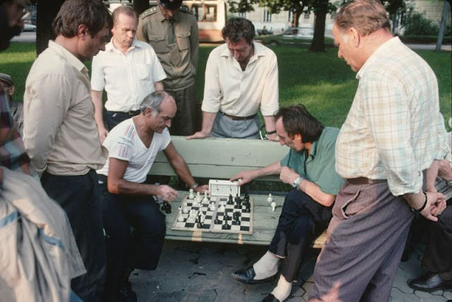 People playing chess in the park, Lviv, Ukraine, 1991