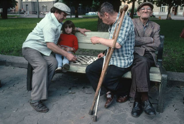 People playing chess in the park, Lviv, Ukraine, 1991