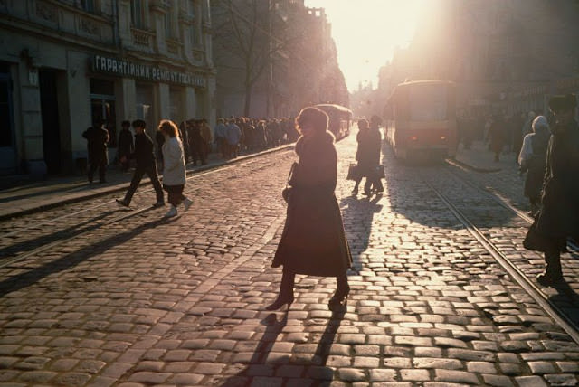 Sundown on cobblestone street, Ukraine, 1991