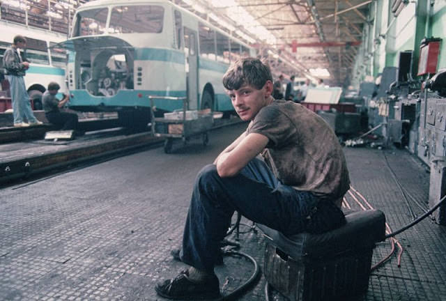 Worker at Ukrainian bus factory, Lviv, Ukraine, 1991