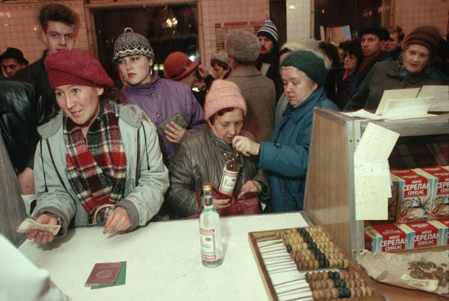 At the cashier of a liquor and confectionery store, Ukraine, 1991