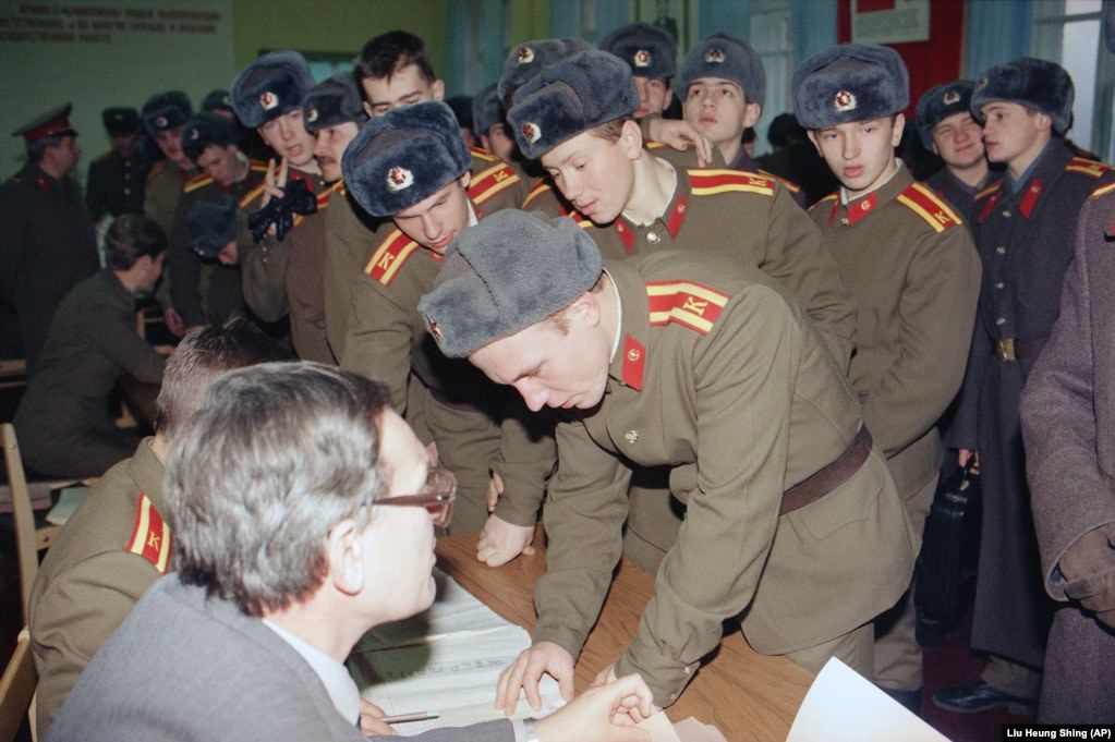 Cadets at a polling station in Kyiv.
