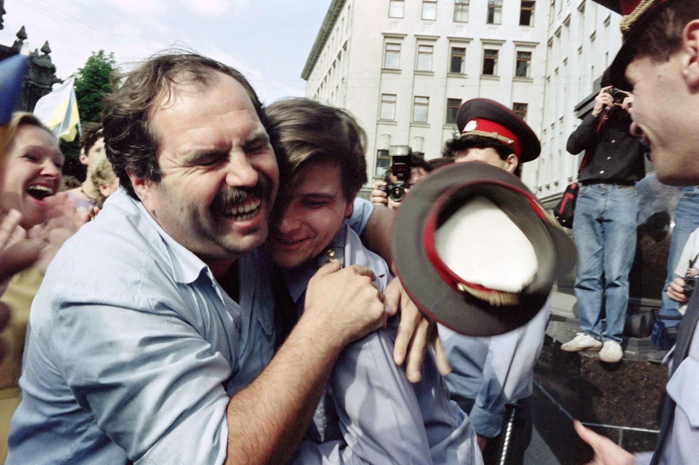 Joyous Ukrainians in Front of Communist Party Headquarters After Independence Announcement, 1991