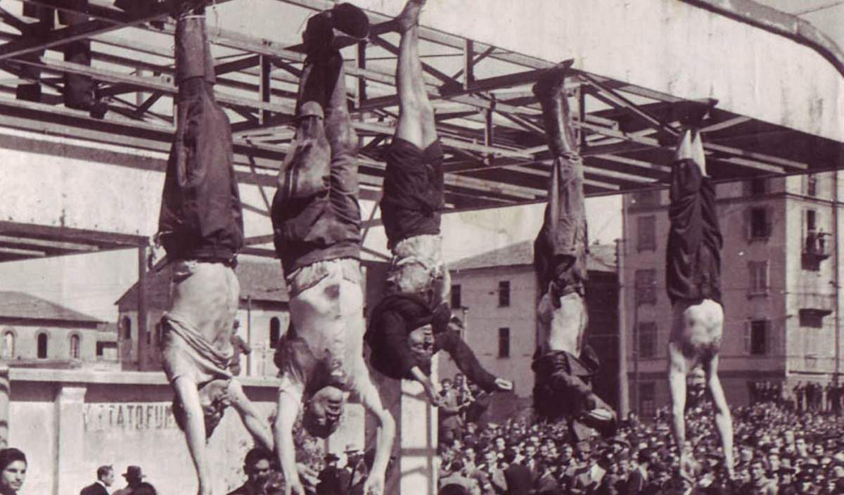 When the dead bodies of Benito Mussolini and his Mistress were Hung on display in Milan in 1945