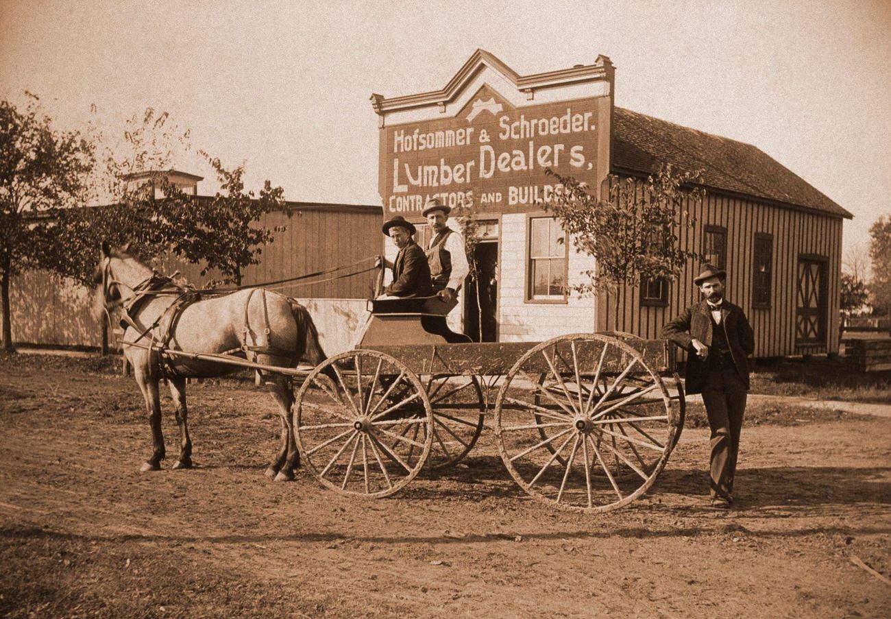Men and Horse Buggy at Lumber Store, 1900