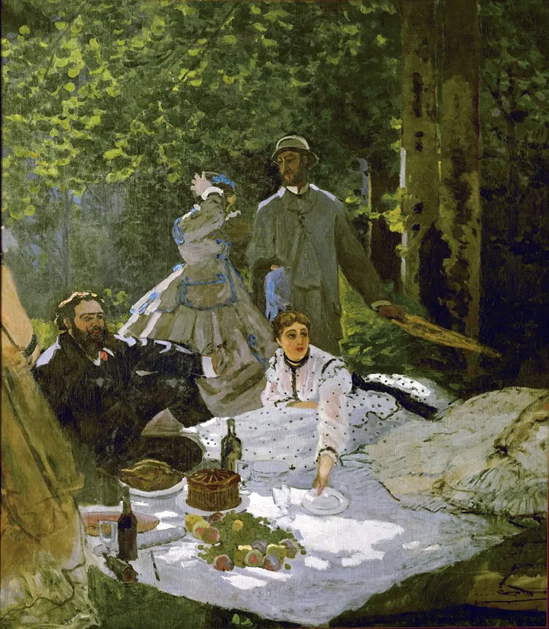 Le déjeuner sur l’herbe (right section), 1865–1866, Paris, with Gustave Courbet, Frédéric Bazille and Camille Doncieux, first wife of the artist, Musée d’Orsay.