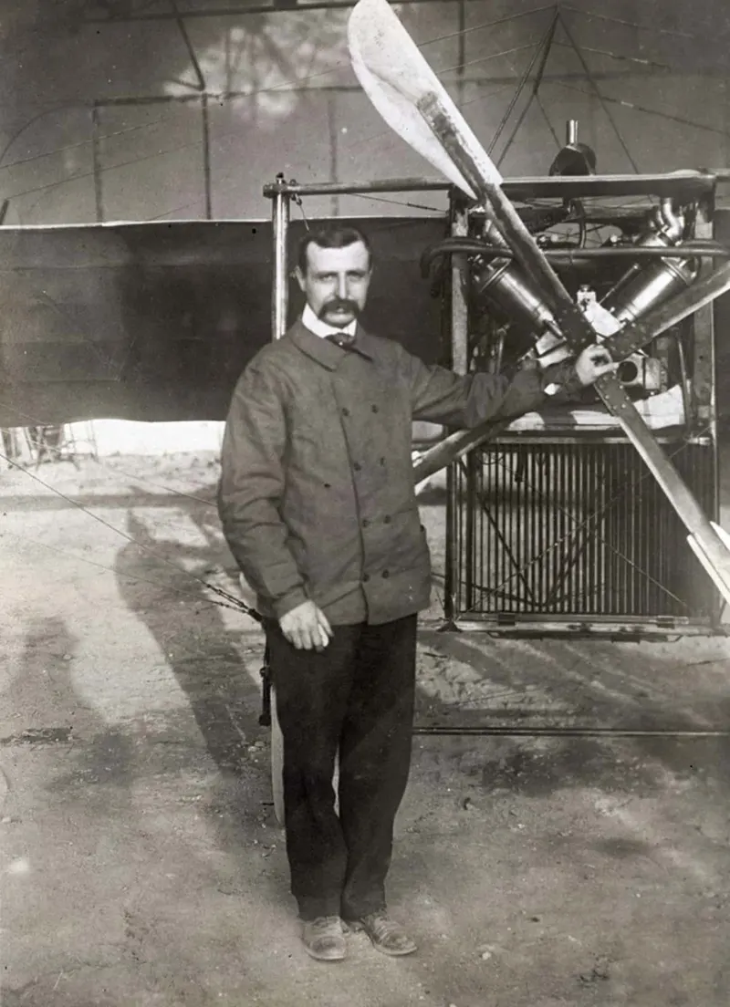 Pioneering French Aviator Louis Bleriot with his experimental monoplane.