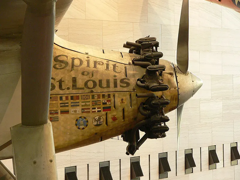 Nose of the Spirit of St. Louis, with the Wright Whirlwind Radial engine visible.