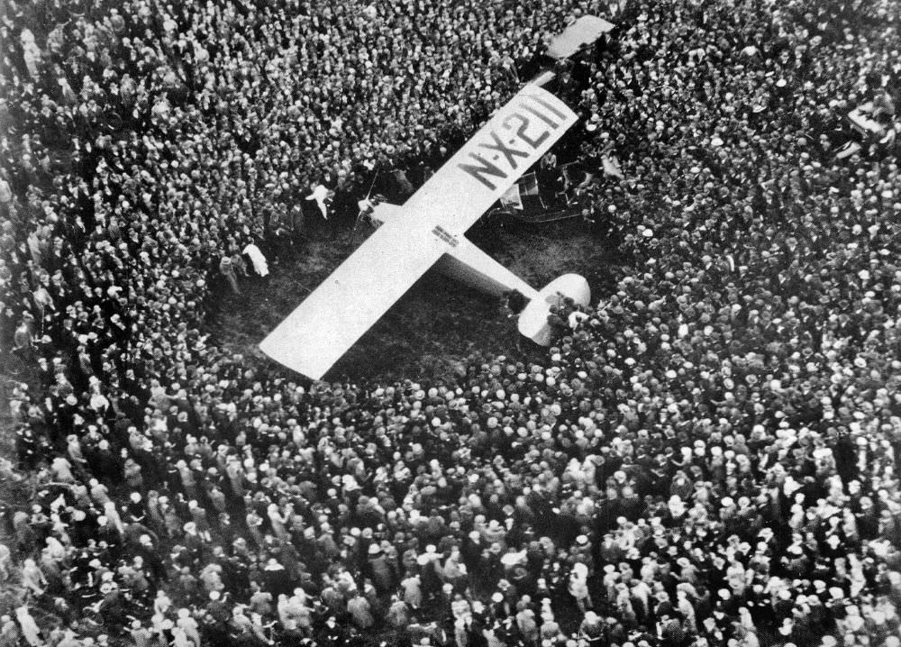 The Spirit mobbed by a crowd at Croydon Air Field in South London on May 29, 1927.