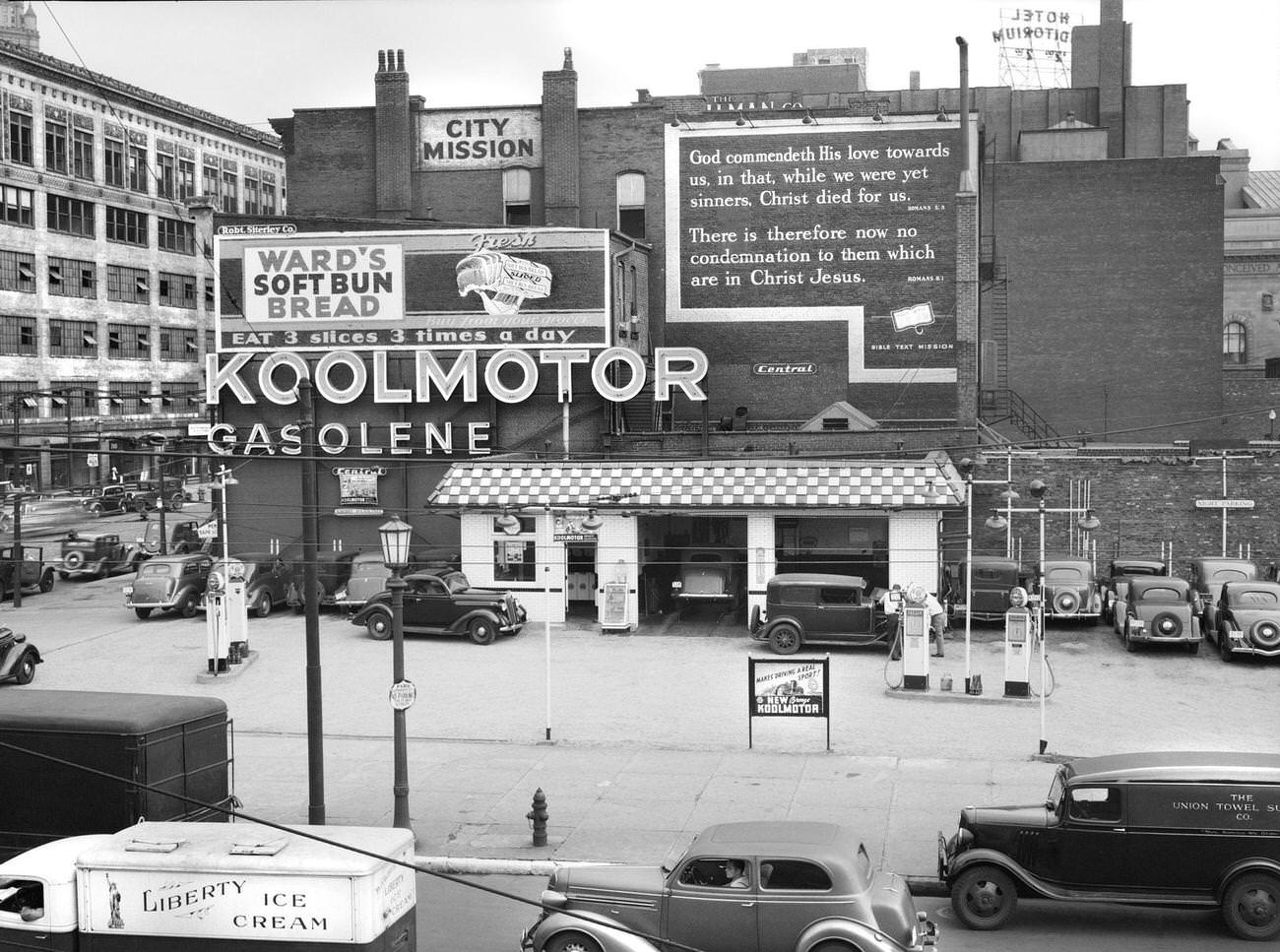 Gas Station and Gospel Mission in Cleveland, Ohio, 1937.