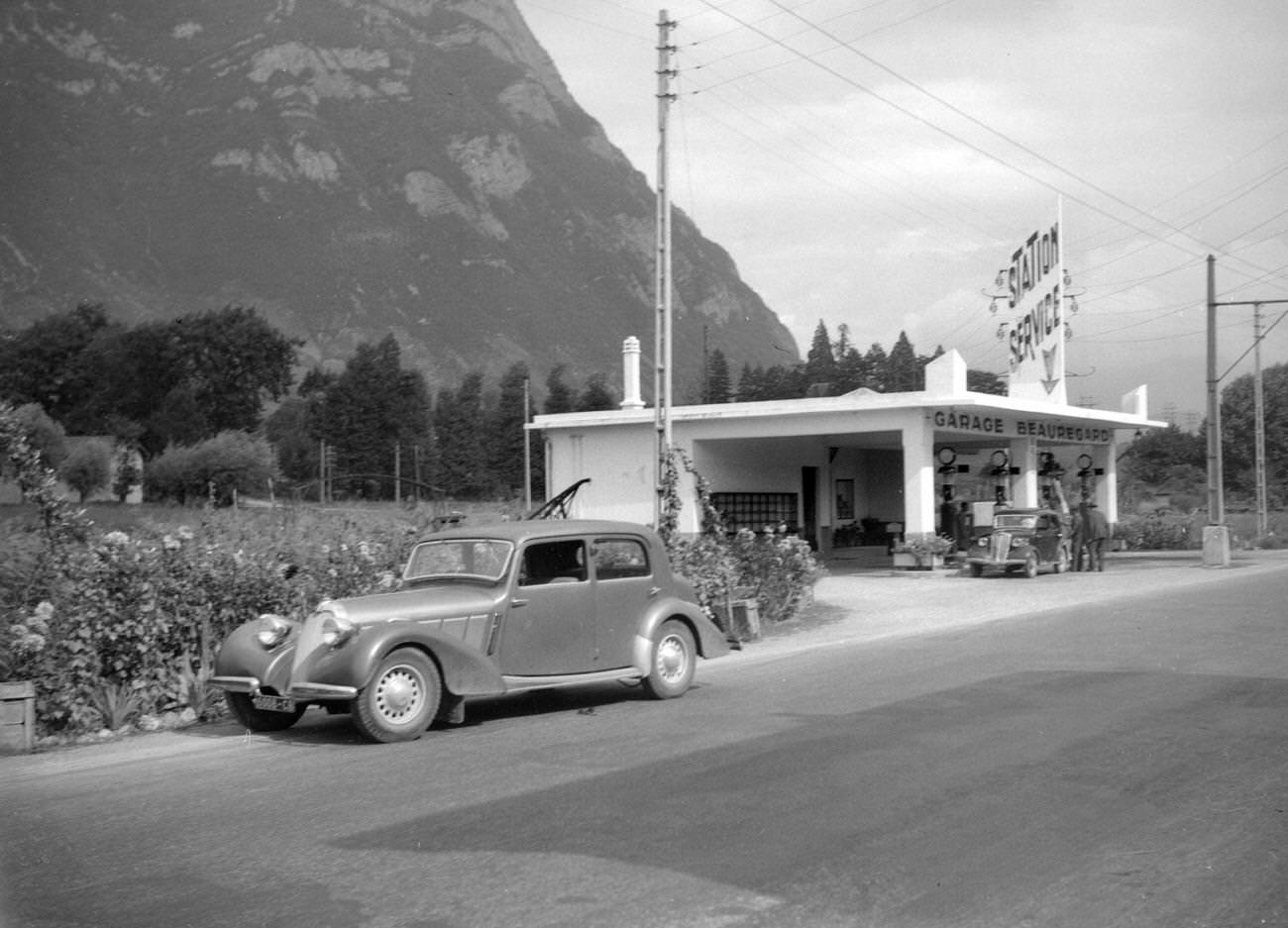 Service station in France, Isère, 1950.
