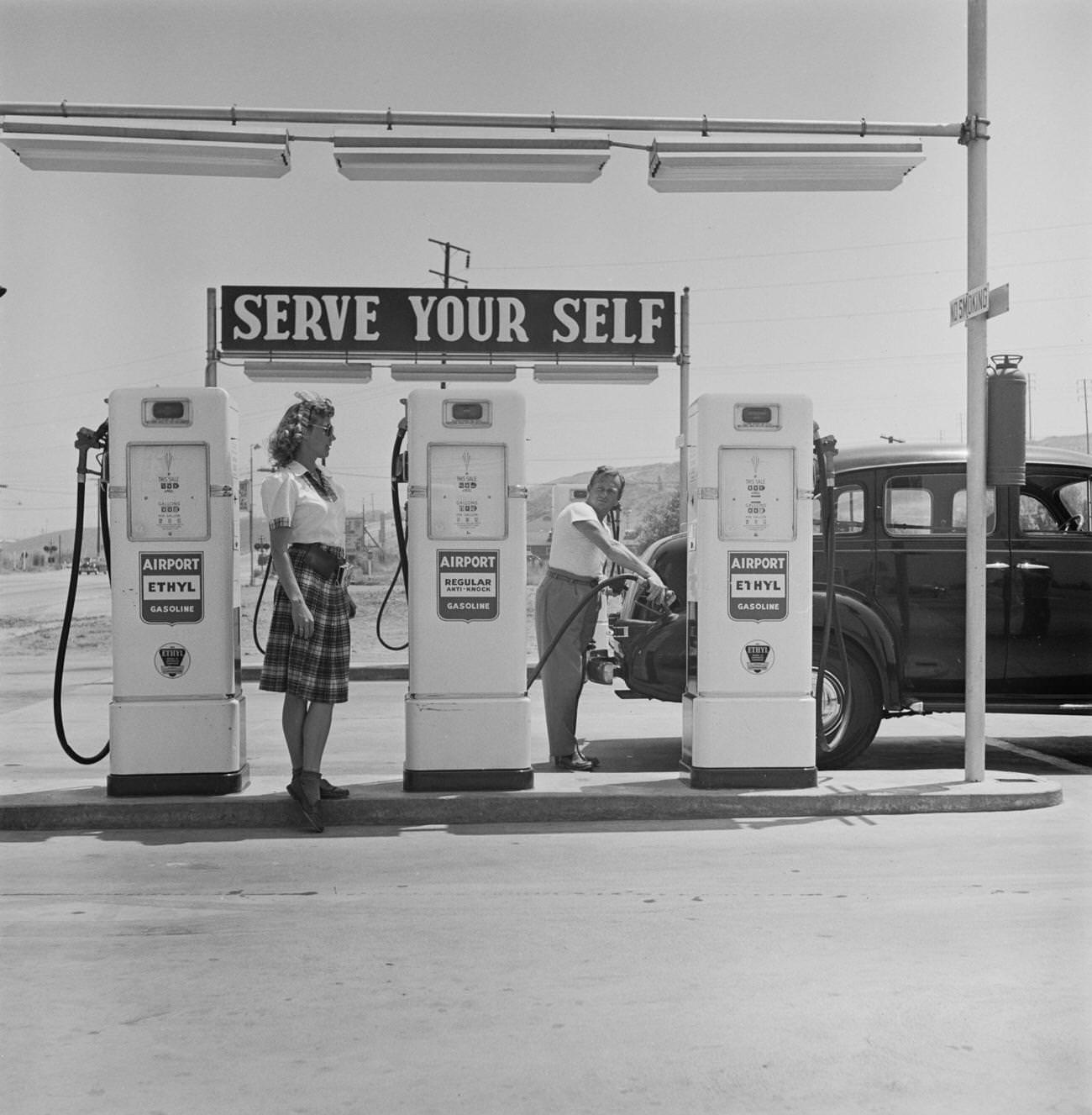 Self-service gas station in the United States, 1945.