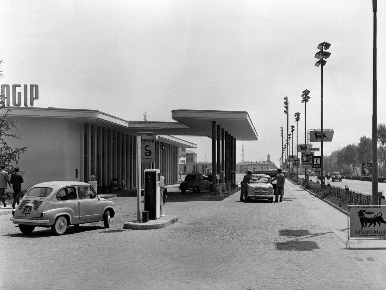 Agip petrol station with pumps and bar in San Donato Milanese, 1950s.