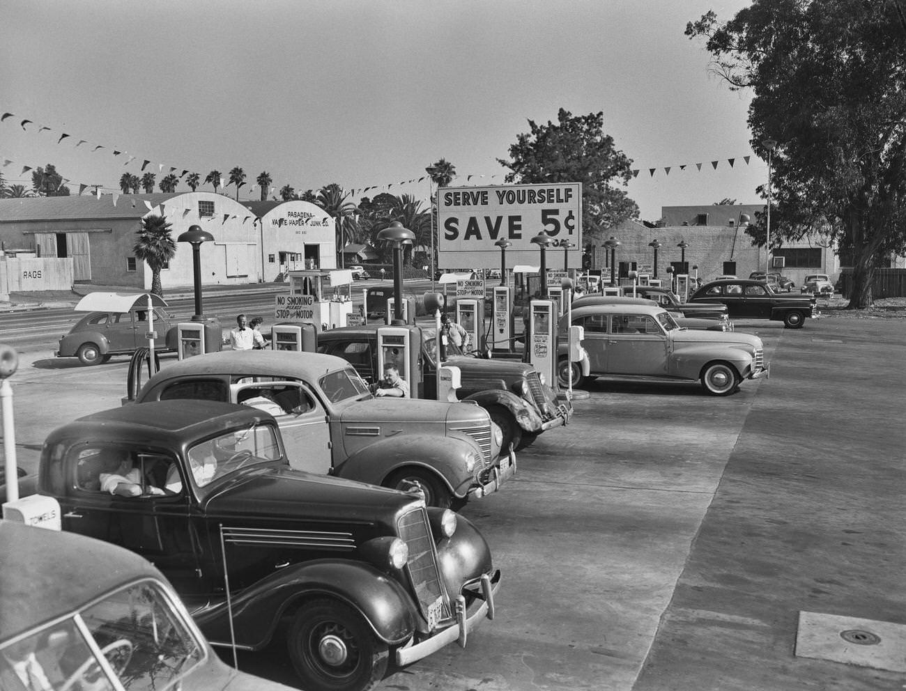 Self-Service Gas Station in Pasadena with Signage, 1955