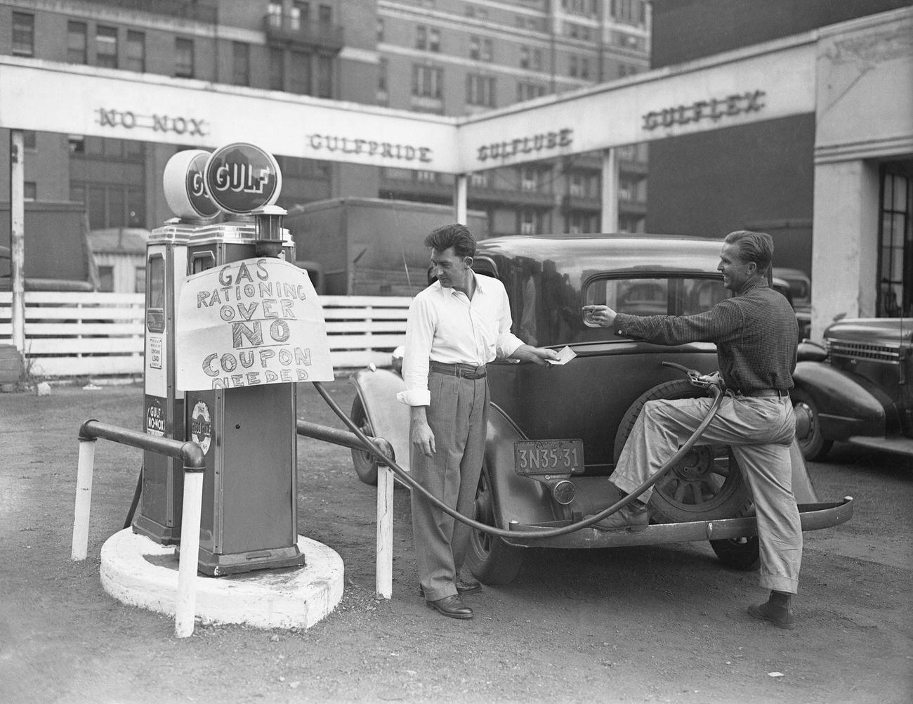 End of Gas Rationing Scene at Long Island City Service Station