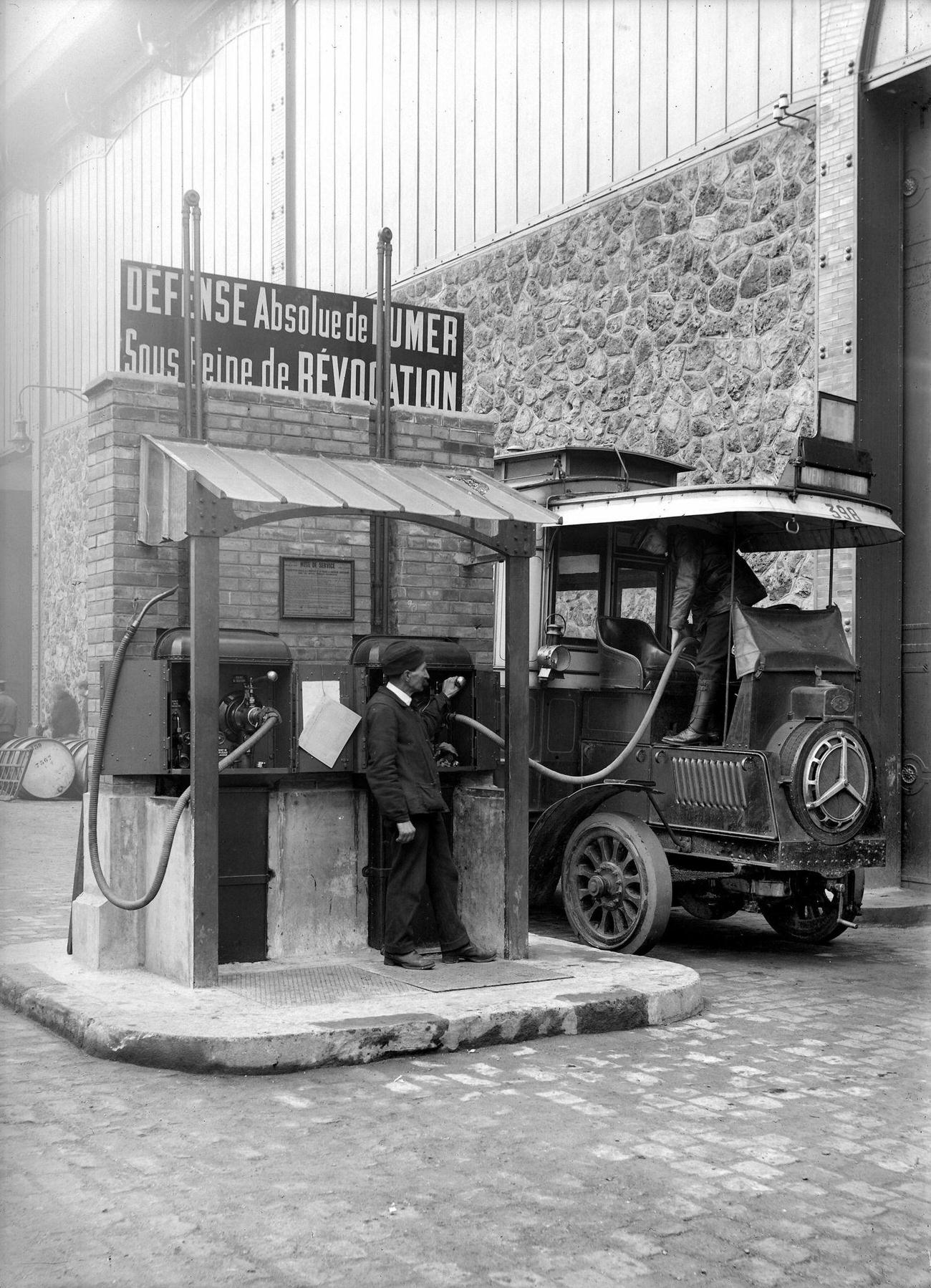 Paris Local Buses' Bus Refueling at Poissonniers Station, 1912