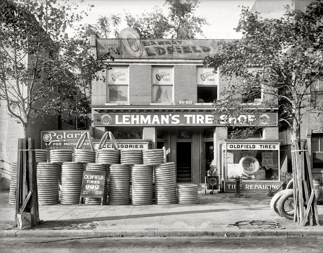 Lemans' Tire Shop with $9.99 Barney Oldfield tires, 1920s.