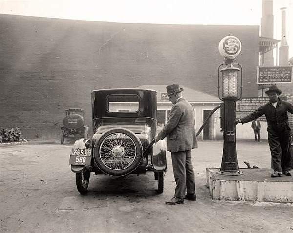 Early example of a self-service gas station, 1920s.