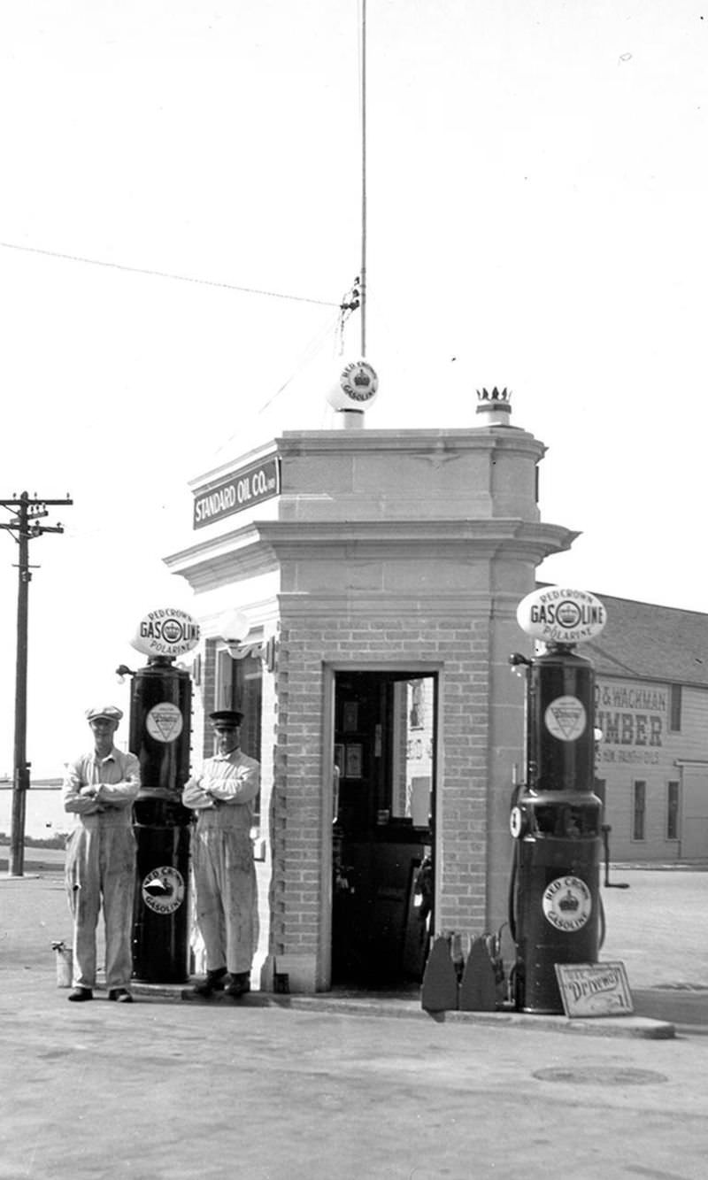 Sauer brothers at their tiny gas station before joining the military, 1930s.