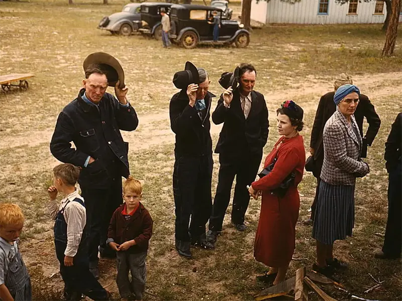 Pie Town Fair grace before barbecue, NM, 1940.