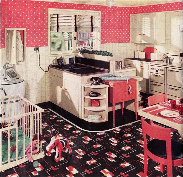 Pink polka dot kitchen, 1936