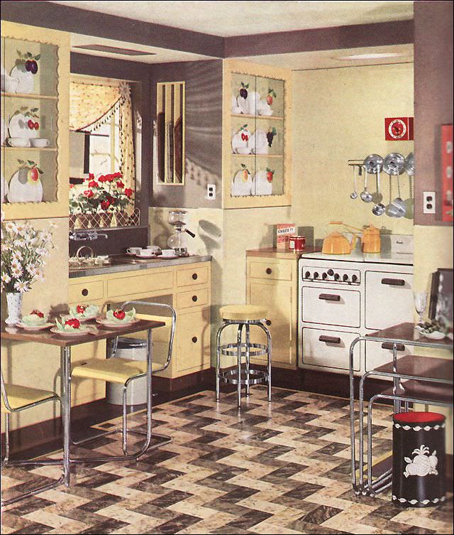 Yellow Armstrong kitchen with geraniums, 1936
