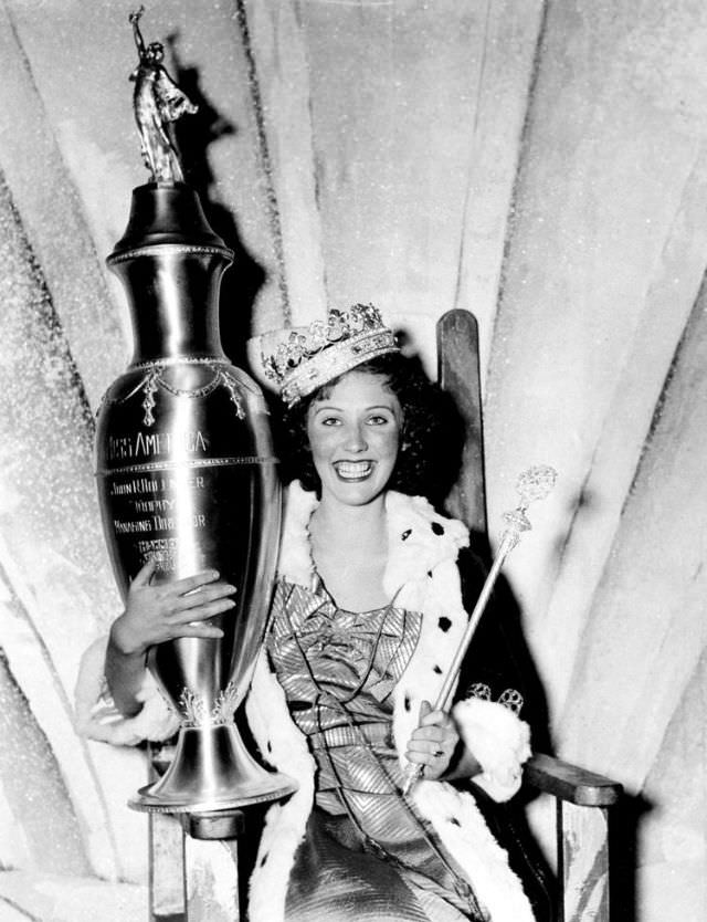 Henriette Leaver, Miss Pittsburgh and Miss America 1935, with Crown and Trophy, 1935