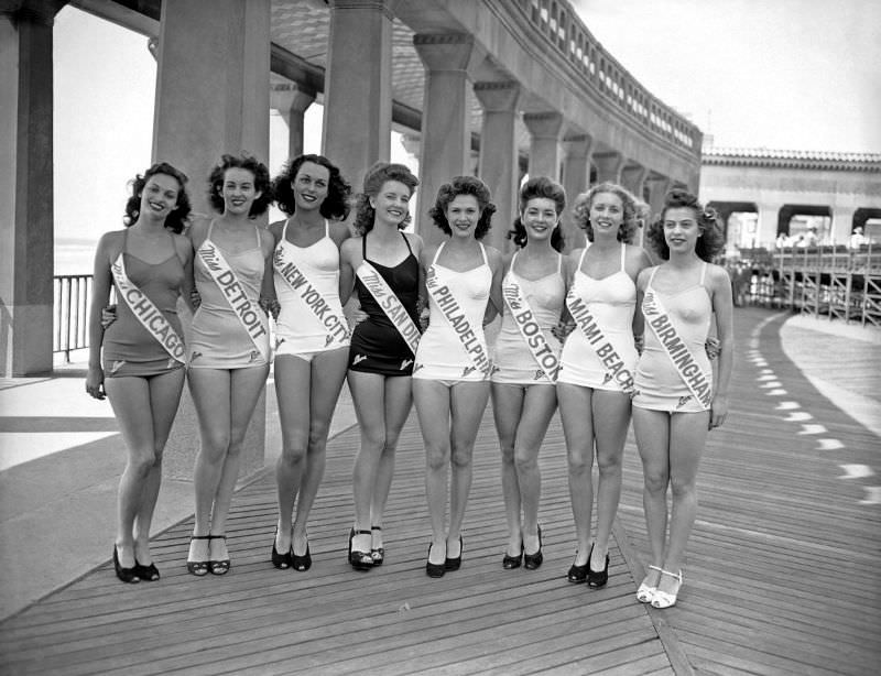 Contestants for Miss America 1945 Posing on Boardwalk, 1945