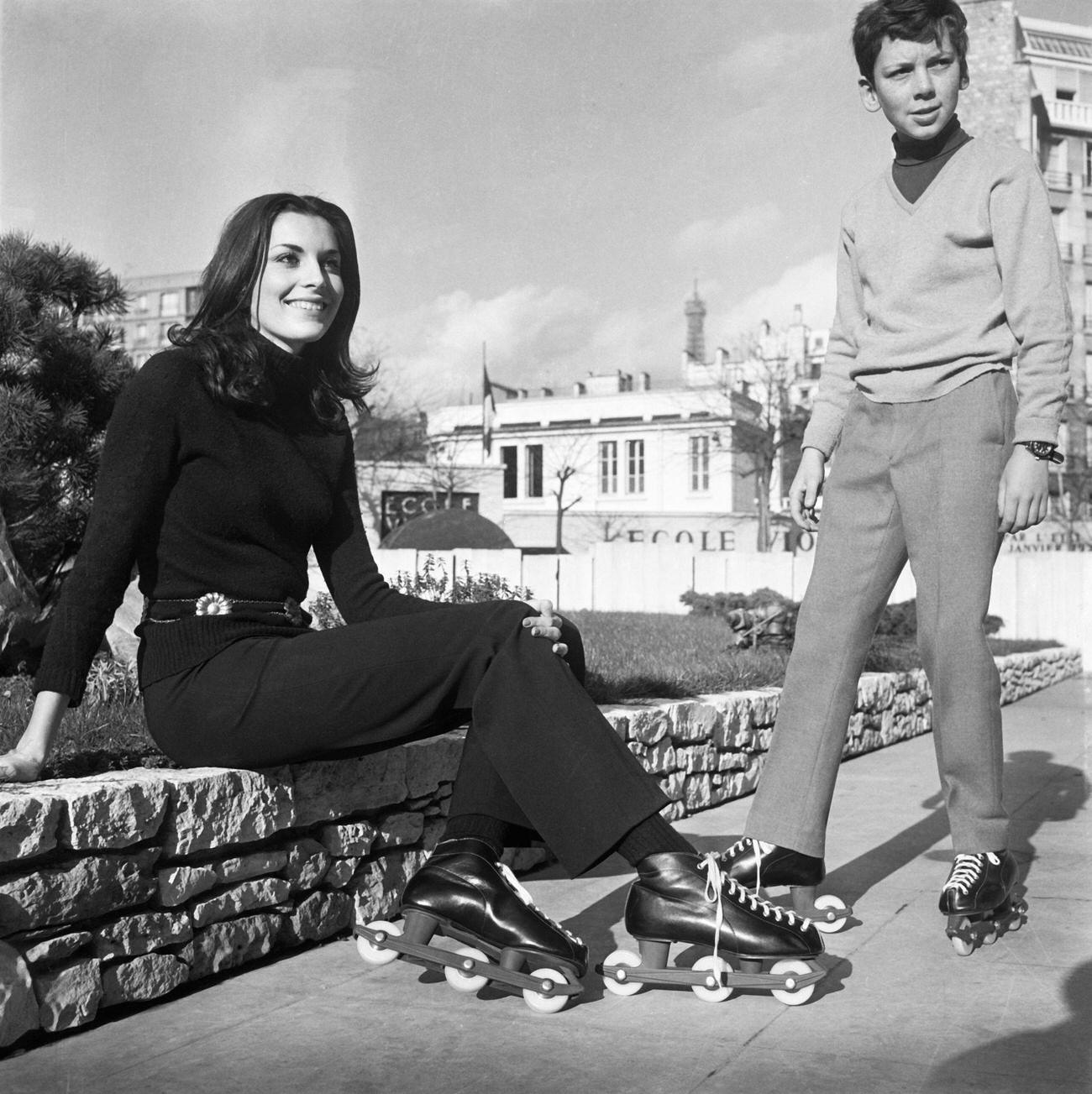 Young Woman and Boy on Roller Skates in France, 1982