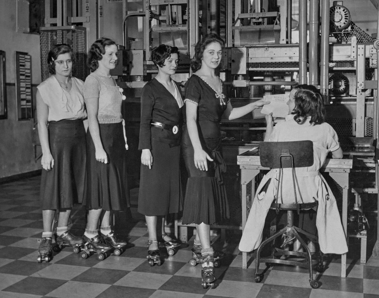 Western Union Messengers on Roller Skates in New York, circa 1935.