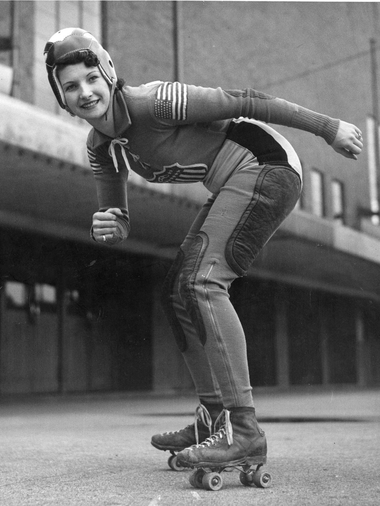 Protected Speedway Roller Skater at Harringay Arena, London, 1939.