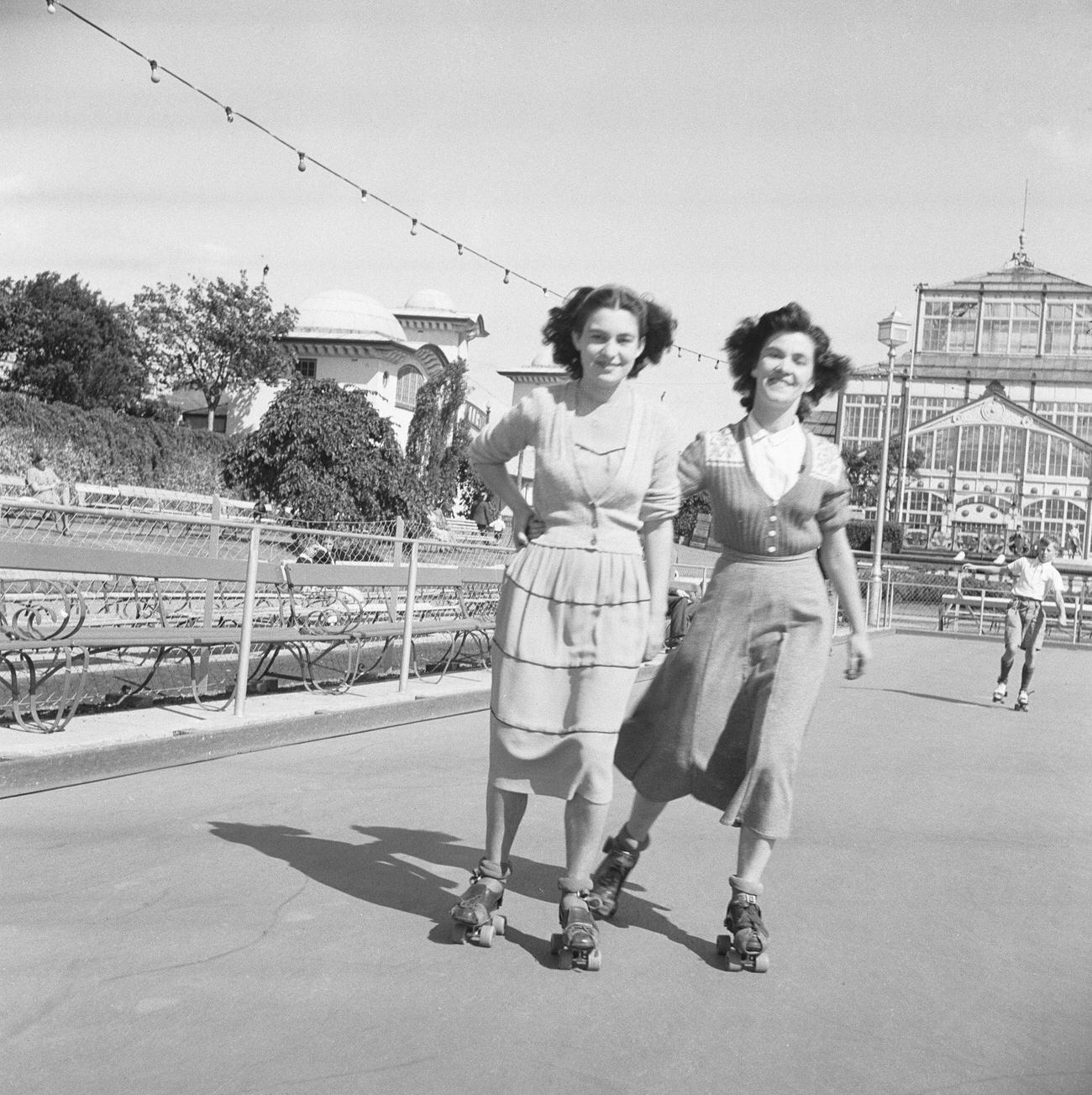 Friends Roller Skating at Winter Gardens, Great Yarmouth, 1949.