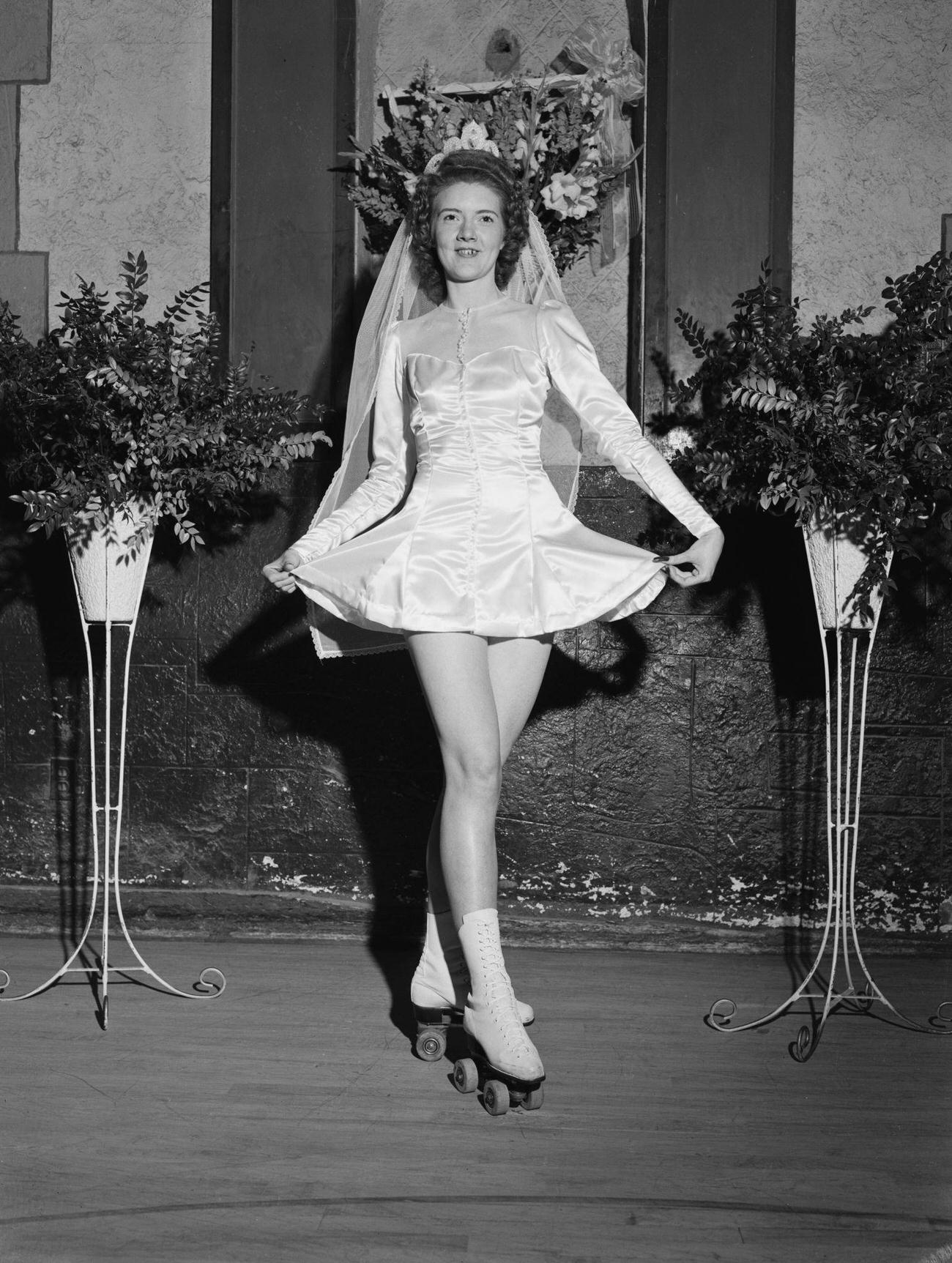 Bride Wearing Roller Skates at Her Wedding, USA, circa 1950