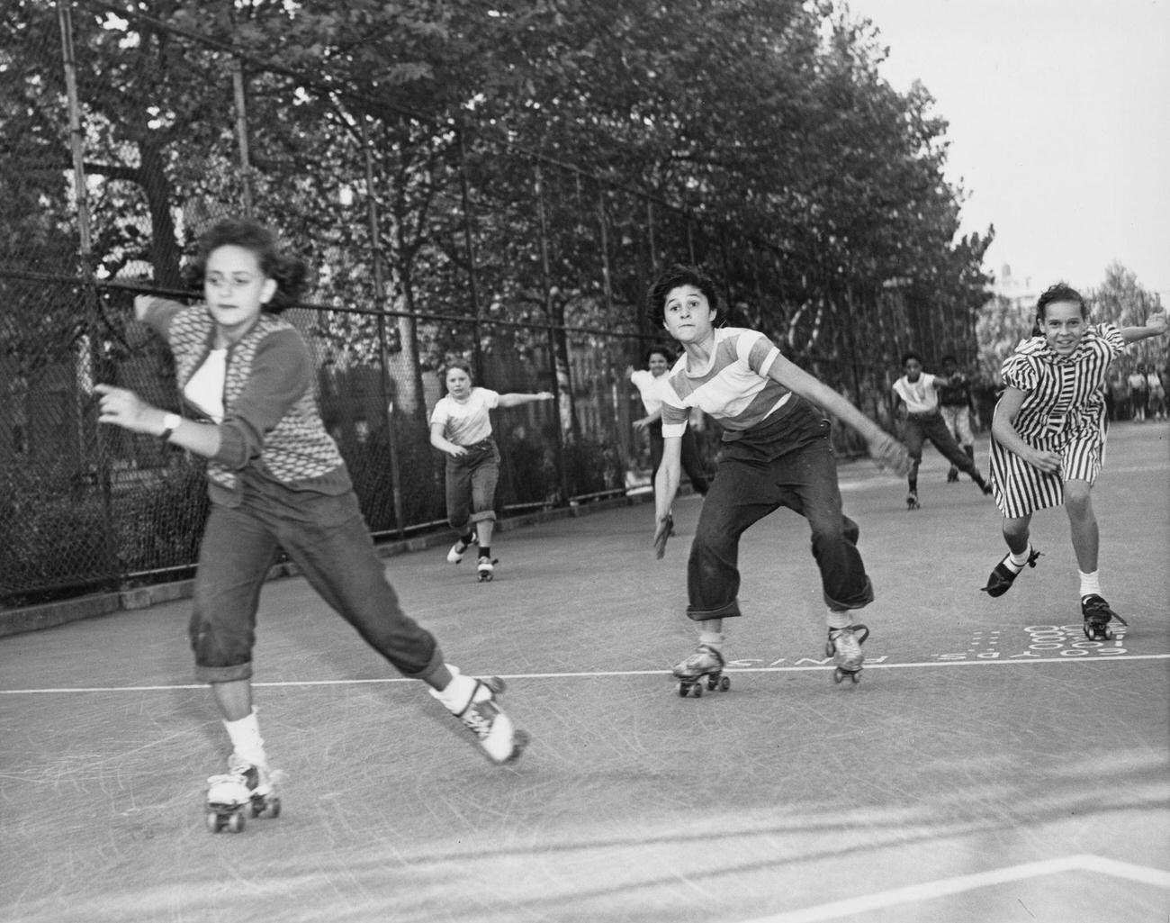 Female Competitors in 75-Yard Race at Winged Skates Contest, New York, circa 1950